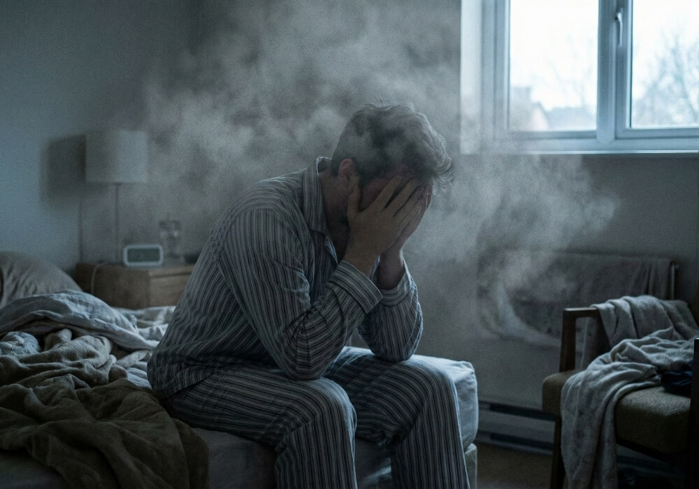 chronic work exhaustion morning fog A person waking up looking depleted with a visible gray fog swirling around their head, representing mental exhaustion.