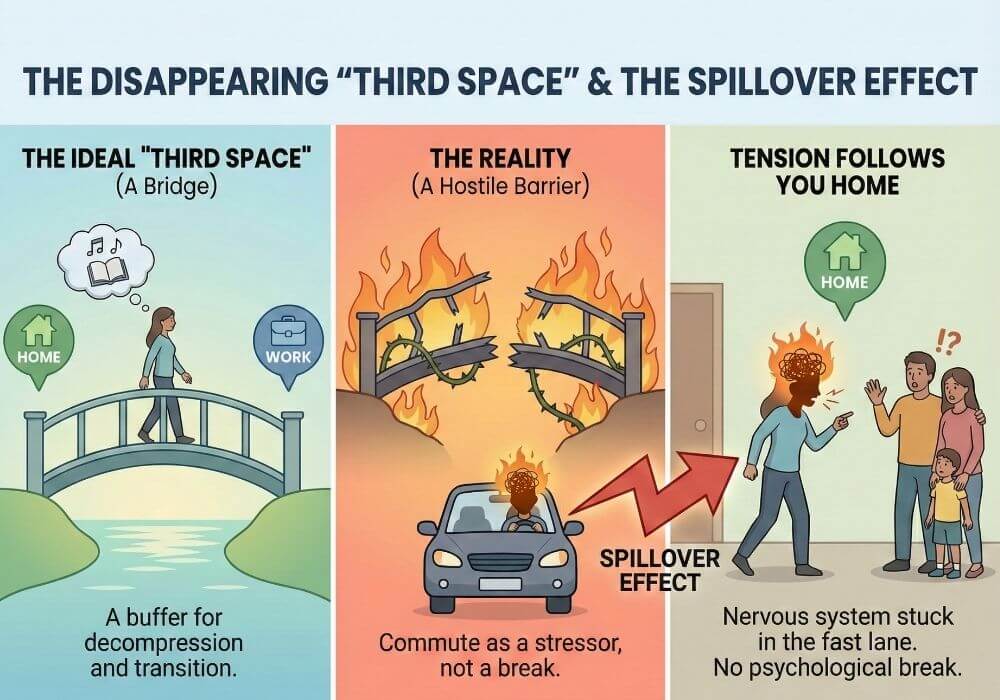 how commute stress spills over into home life.