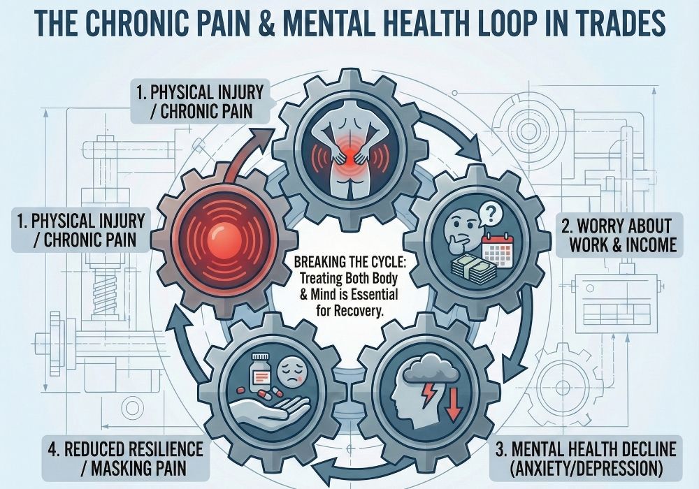 the cycle between chronic physical pain, injury, and mental health decline in trades.
