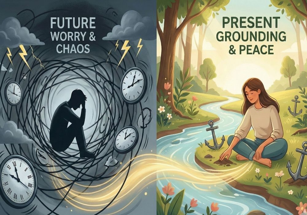 Conceptual illustration showing the transition from chaotic, future-focused anxiety to peaceful, present-moment grounding through mindfulness.
