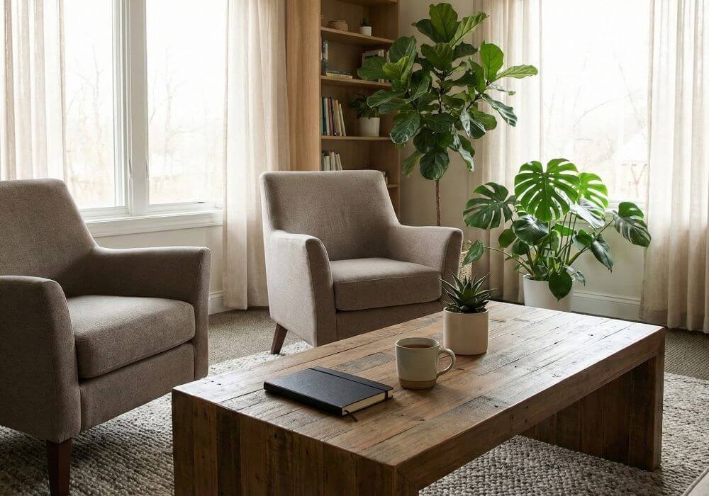 A peaceful, sunlit room with armchairs and a coffee table, providing a safe space where those engaging in therapy avoid medication.