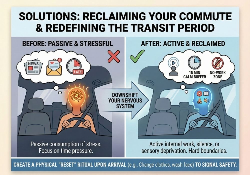Visual guide for transforming a stressful commute into a calm transition.