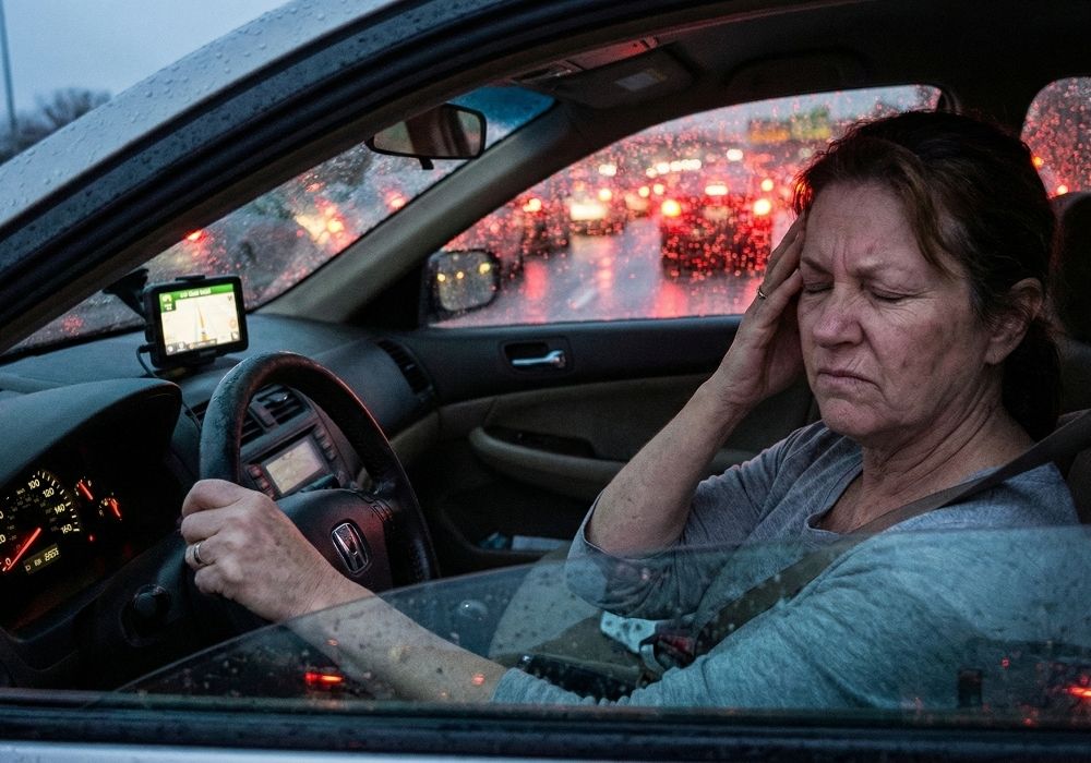 Stressed woman stuck in a traffic jam during the rain.