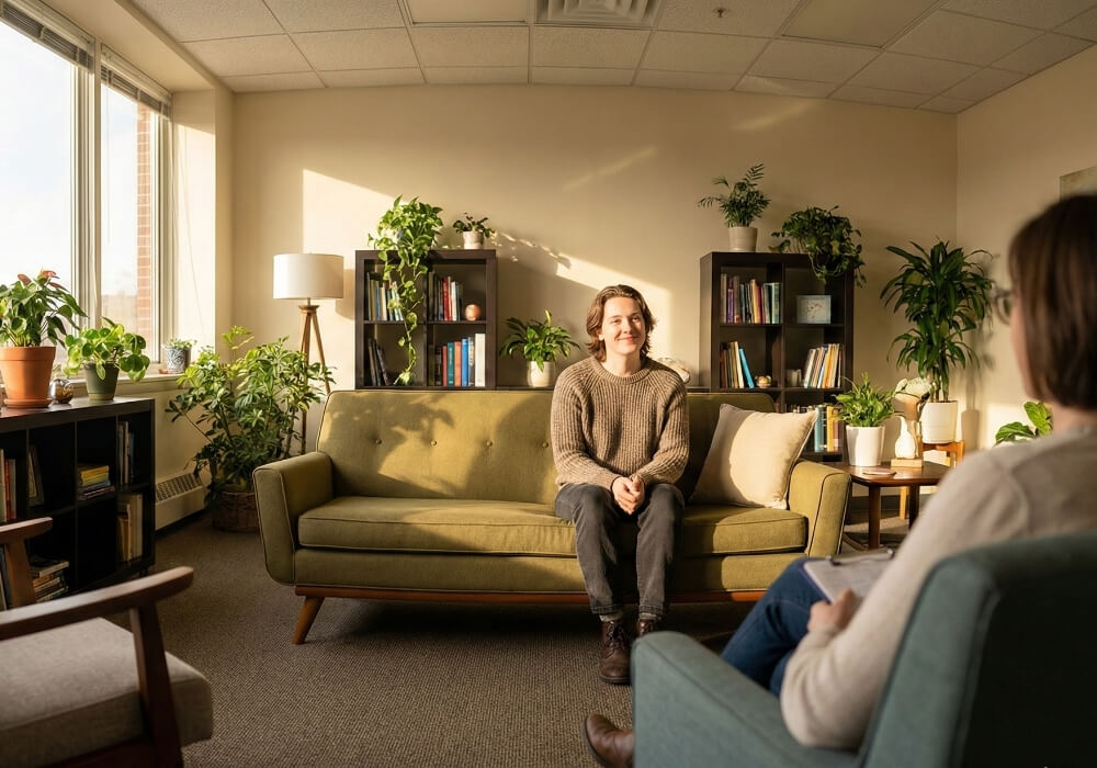 Young adult smiling comfortably during a psychotherapy session in a bright office.