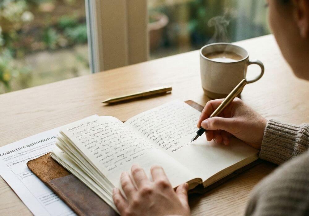 A person practicing CBT journaling, a core skill used when relying on therapy to avoid medication.