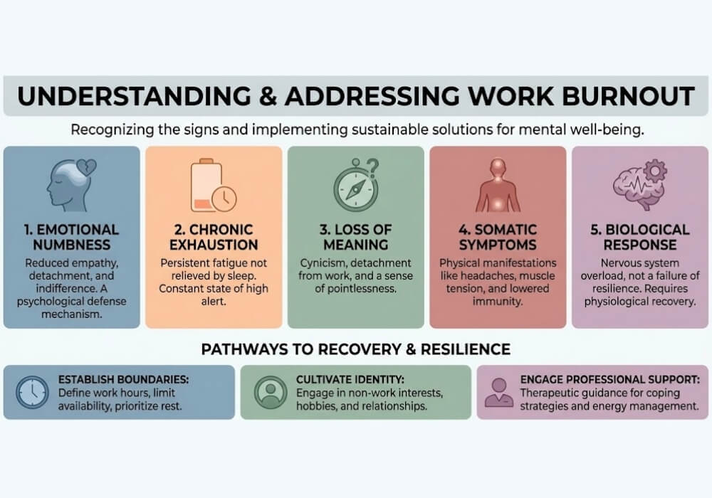 work burnout symptoms recovery Infographic listing 5 work burnout symptoms and 3 recovery strategies