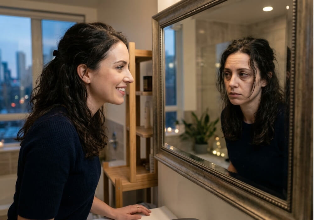 A woman demonstrating the emotional toll of masking ADHD signs in women.