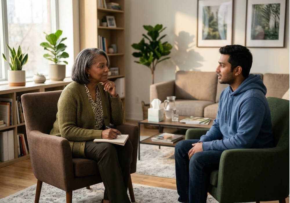 A professional therapy session helping a client manage ADHD signs in men vs women.