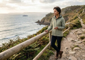 A woman reflecting on a rugged coastal path, representing the ongoing journey of building emotional resilience and overcoming life's setbacks.
