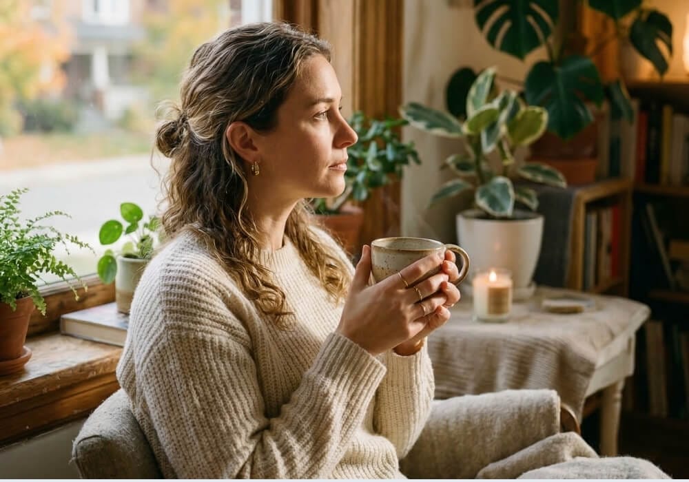 Woman practicing self-care and mindfulness at home to build emotional resilience.