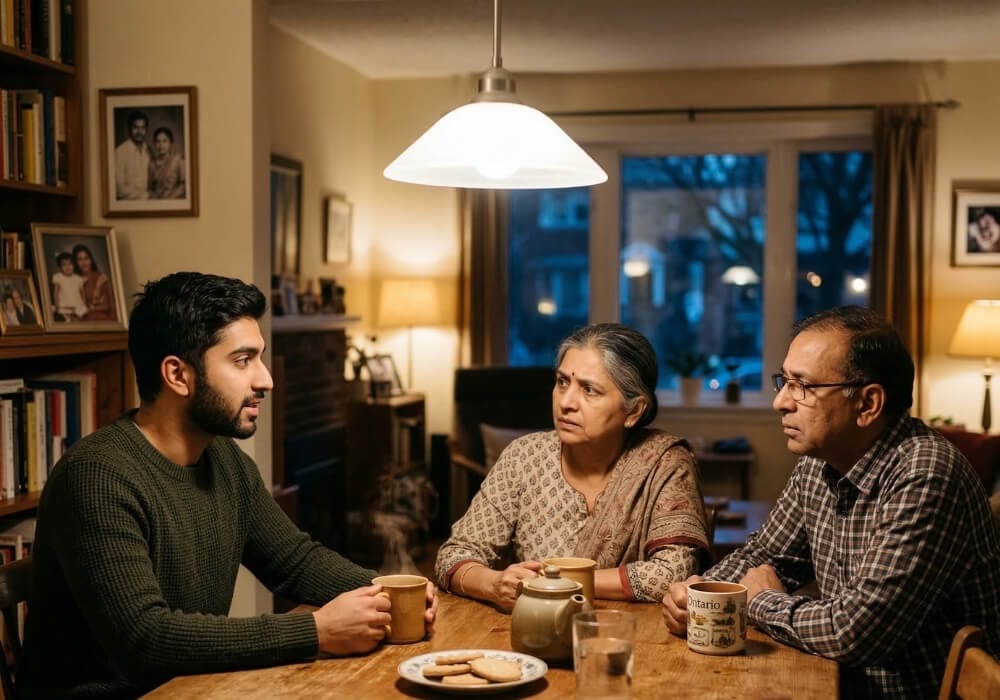 discussing cultural stigma around mental health with parents A young man sitting at a dining table discussing the cultural stigma around mental health with his traditional immigrant parents.
